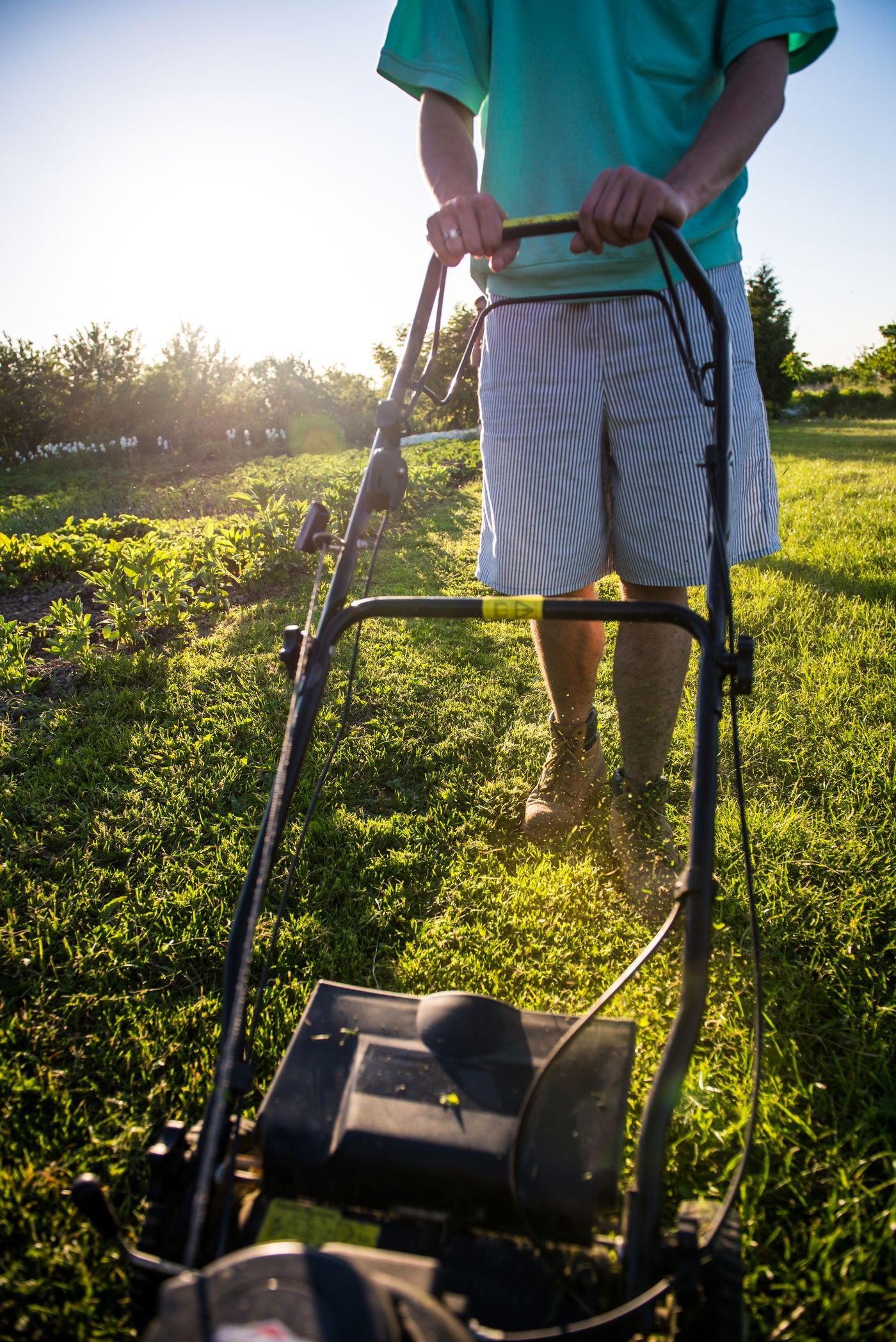 A person carefully mowing a residential lawn